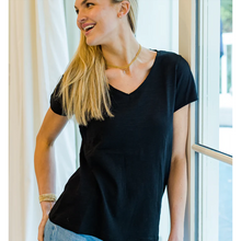 Load image into Gallery viewer, SHORT SLEEVE MESSY V TEE IN BLACK SLUB
5.0 star rating
6 Reviews
