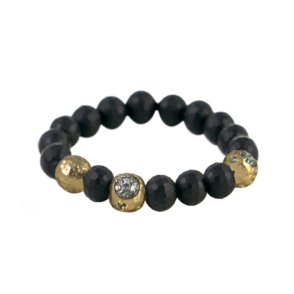 Gold Cera Faceted Black Onyx Stretch Bracelet