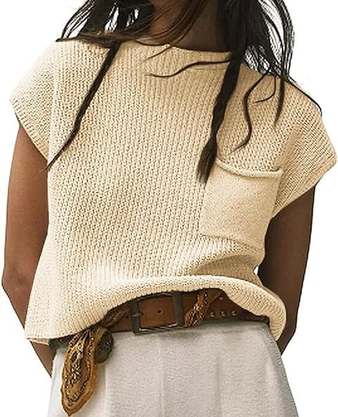 Short Sleeve High Neck Pocket Sweater Top