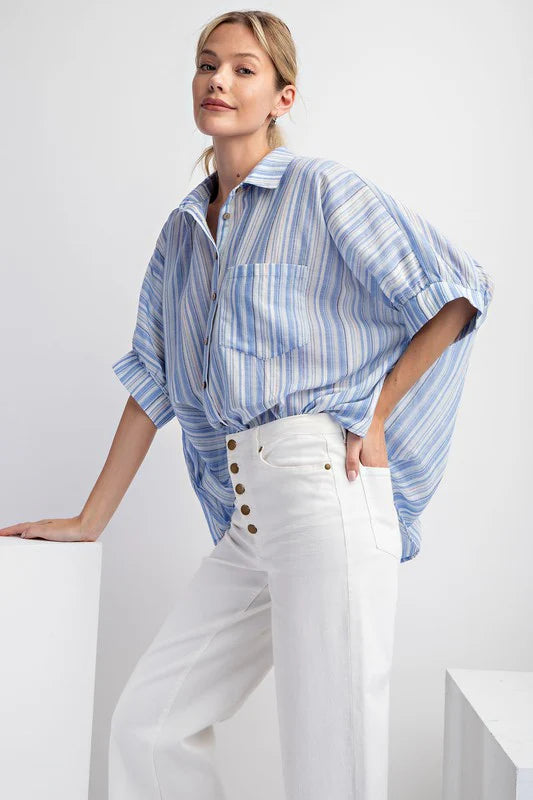 Embossed stripe dolman sleeve button down