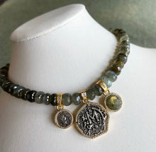 Load image into Gallery viewer, Labradorite Rondelle Gold Triple Charm Mini Molat Necklace
