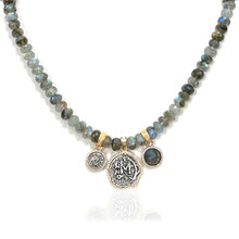 Load image into Gallery viewer, Labradorite Rondelle Gold Triple Charm Mini Molat Necklace
