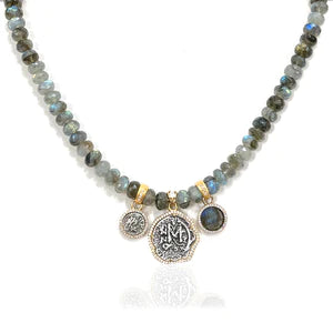 Labradorite Rondelle Gold Triple Charm Mini Molat Necklace